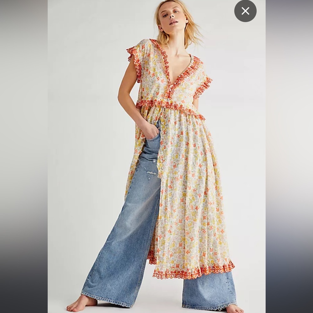 NWT Free People Floral Maxi Dress with Red and Yellow Accents